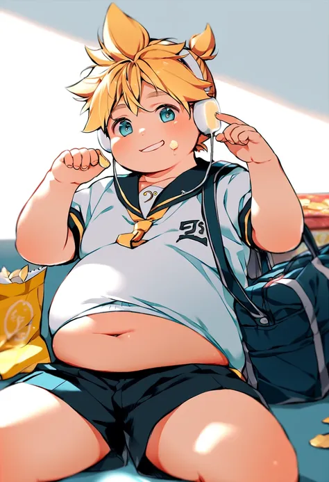 boy, (fat male teenager), (kagamine len), (cute), severely obese, chubby cheek, fat rolls, school uniform, earphone, (chubby), (...