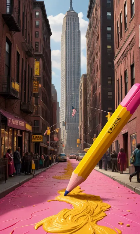 A gigantic pencil (yellow, no. 2, pink eraser) lands in New York city, doors open near its base and ramps descend from which thousands of pencil alien warriors pour ot and invade the city
