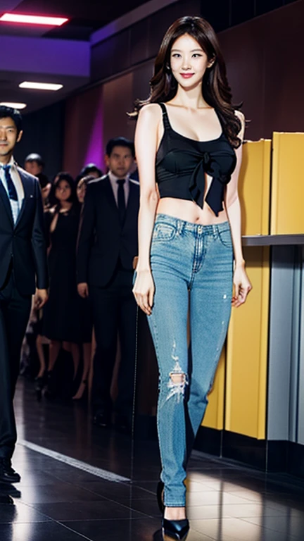 Acurate, 1 SNSD Seohyun、Brown hair、black eyes、Semi-long、setting hair、Slender but well-proportioned muscular body、a smile、wearing a tie-front shirt、Abs are cracked、The navel is visible、Wearing black high heels、wearing very tight blue skinny jeans.、Breasts a...