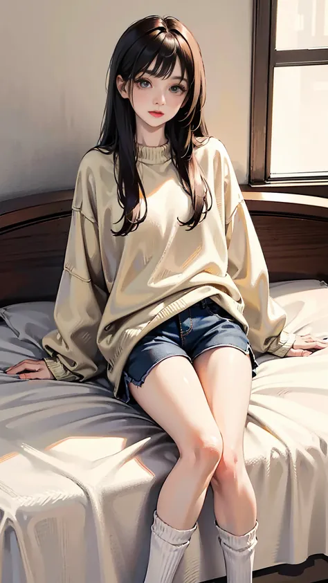 a girl,fifteen years old,white skin,long hair,skinny,slim,very thin legs,wearing sweater,short minipants,thick cotton over-calf socks,sitting in her room