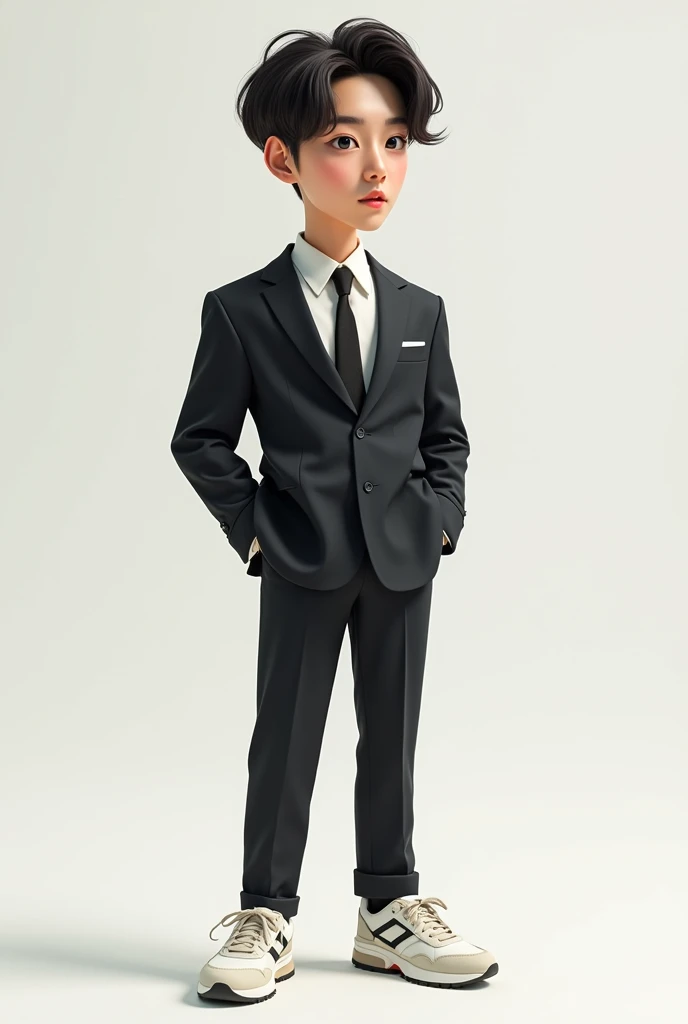 Make  realistic caricature of jungkook of BTS in formal outfit ,sneakers 
