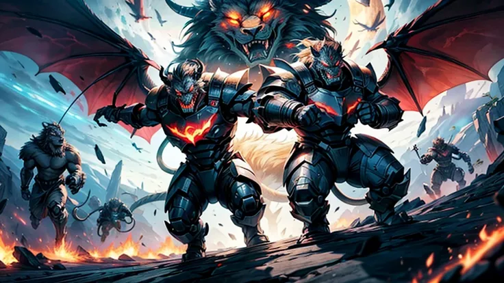 A cinematic medium shot of an epic interstellar battle between a legion of robotic orcs and a massive, multi-headed chimera. The sharp focus is on the robotic orcs wearing heavy armor and wielding massive weapons, and the chimera with glowing red eyes, dra...