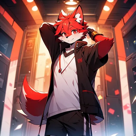 （ boy）beautiful and detailed portrait，Red hair, 16 thousand.，standing，standingть боком，Turn your head slightly towards the audience..，There is a rectangular service ID on the chest..，red pupils，，red wolf tail，soft lighting，smile，black sweatshirt，shorts