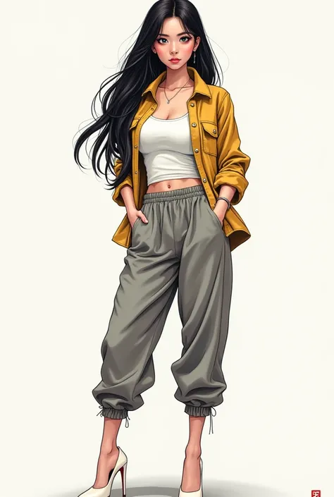 Korean comics,A girl with long black hair, with a white tank top under a gold flannel shirt with rolled up sleeves and ashy baggy pants with white high heels 