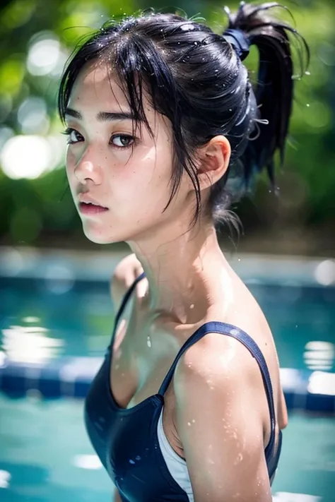 woman、Swimmer、Ponytail small face、Black Hair、Serious expression、White skin、Slim fit、Small breasts、Navy blue one piece swimsuit、Long legs、School swimming pool、Glowing Skin、Wet、Glancing sideways at the camera、High resolution, high quality, high detail, Very ...