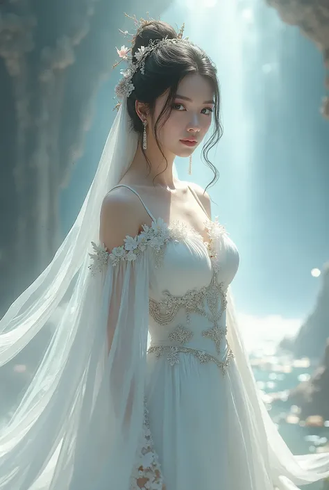 A woman in a white dress with a long iridescent scarf, Beautiful Woman Photos, Beautiful fantasy empress, Jan J, style of Art Gelm, Art Gelm and ruan jia, extremely detailed Art Gelm, trending Art Gelm, Art Gelm.  ruan jia and Art Gelm, Inspired by Fuhua, ...