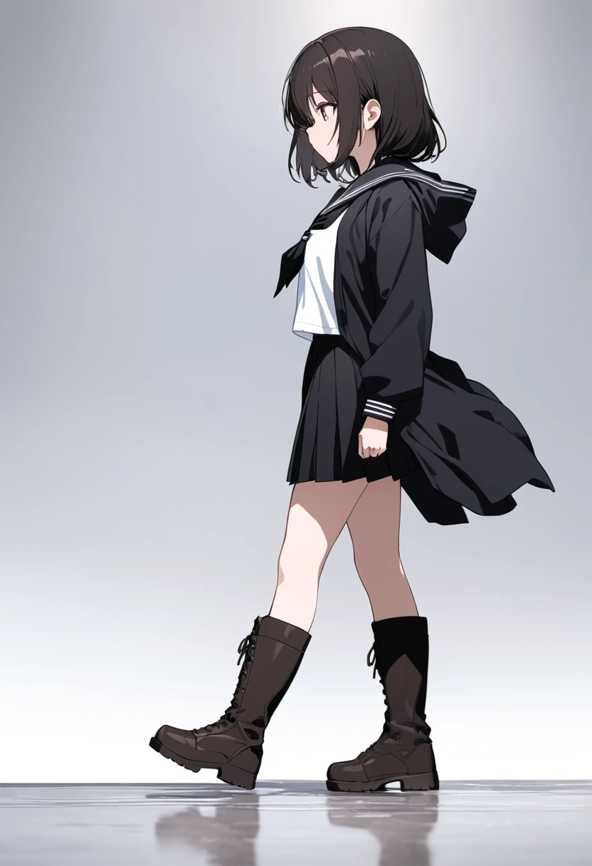 High resolution, 8k, best quality, masterpiece, ultra detailed, anatomically correct, masterpice anime, hentai, 
1girl, walking, 15yo, Short stature,
black hair, low tiwntails with white ribbon, dark brown eye, 
BRAKE 
(serafuku with black neckerchief), (w...