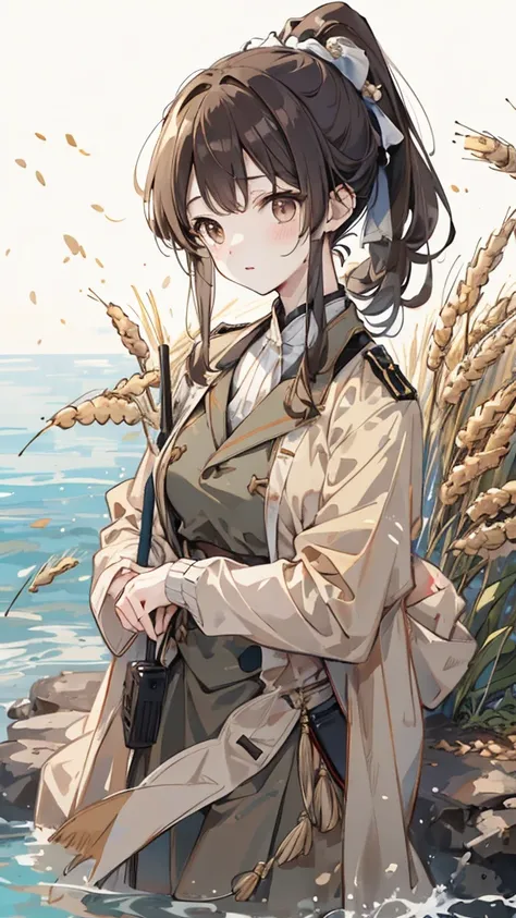 1 female,Water Pig，light brown high ponytail，Wheat-colored military uniform