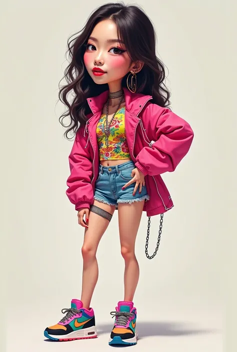 Make  realistic caricature of lisa of Black pinkin funky outfit , nike sneaker
