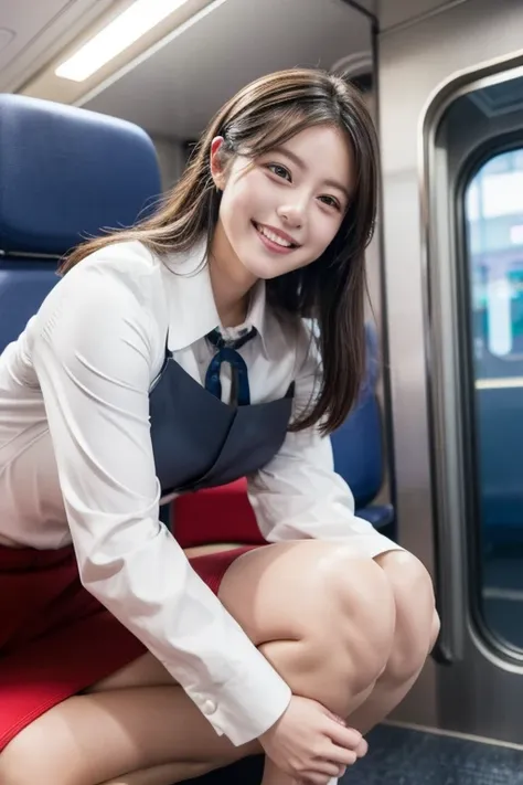 Best Quality, masterpiece, Ultra-high resolution, (reality: 1.4), Original photo, One Girl, Mature, White JK uniform, Happy smile, , Squatting on a train seat,  Cinema Lighting