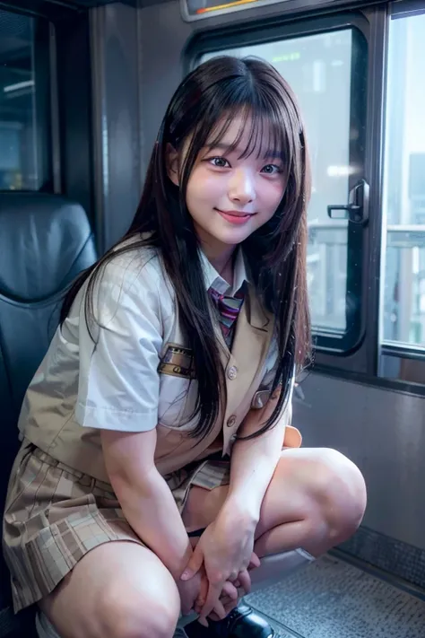 Best Quality, masterpiece, Ultra-high resolution, (reality: 1.4), Original photo, One Girl, Mature, White JK uniform, Happy smile, , Squatting on a train seat,  Cinema Lighting