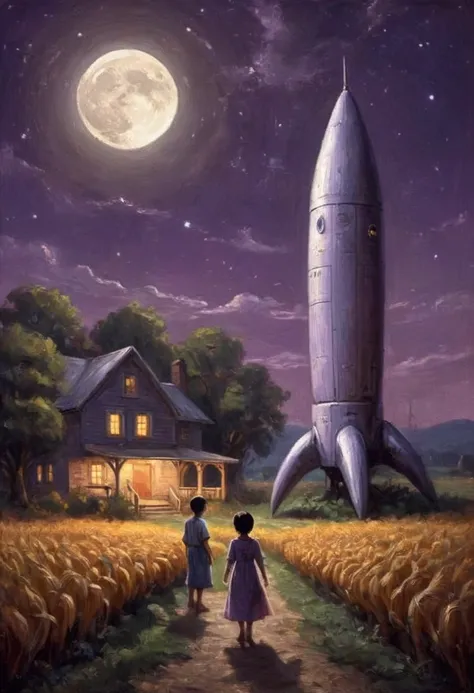 An alien rocket ship greatly resembling a human sized purple penis lands outside of a farm house at night, cute yuna comes out to investigate in a sheer night gown and is extremely aroused, lit by ships dull glow and light from openings of farm house, moon...