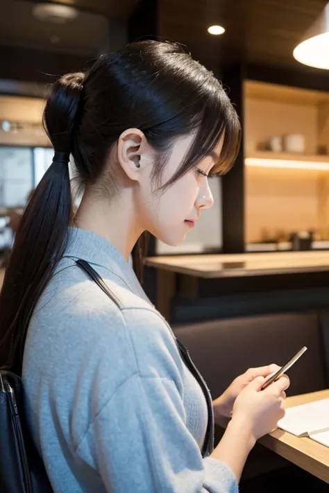 A female university student is studying in a stylish, futuristic café in Tokyo, Japan. She is focused on her studies, and her side profile is visible.