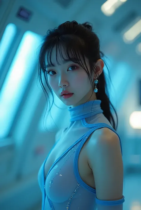 Cute Japanese Idol、Doesn&#39;t look like Korean、No Korean characteristics、photograph、Actual item、Cinematic Light、Lomography 、Film Camera、Mid-teens、Wearing a futuristic sheer blue spaceship leotard、Various blue details、It fits the body very snugly、Inside th...