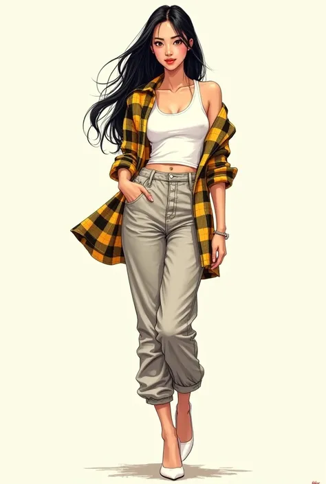 Korean comics,A girl with long black hair, with a white tank top under a gold flannel shirt with rolled up sleeves and ashy baggy pants with white high heels 