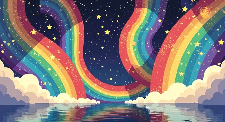 この画像の背景をPixel artにして、Pixel art、rainbow、Starry Sky、universe、rainbow色、Background only