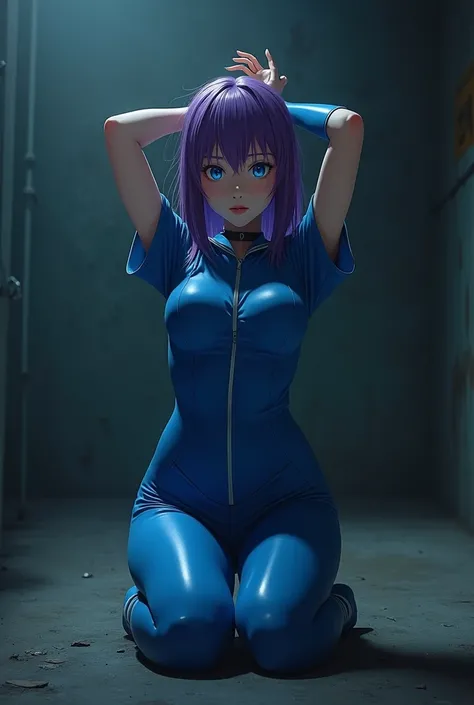 highly detailed anime girl, 1girl,purple hair,blue eyes,blue latex prison uniform,hands above head, kneeling ,realistic, photorealistic, 8k, detailed facial features, vivid colors, dramatic lighting, dynamic pose, gritty prison environment, concrete walls,...