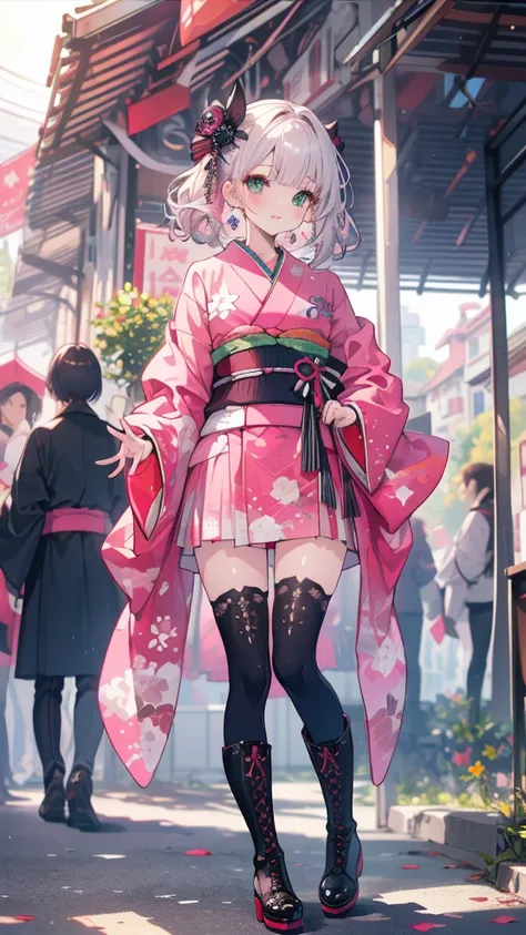 (((Best Quality,Very detailed,masterpiece,Very detailed))),Pink Kimono (Gothicta:1.2),Emerald Eyes,Alone,Around town,Daily Clippings,Full Shot,((Wide Shot)),Lace-up boots