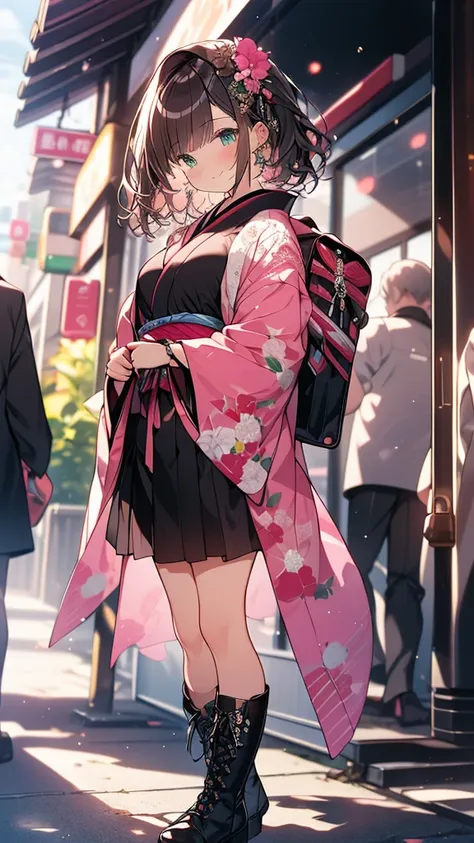 (((best quality,very detailed,masterpiece,very detailed))),pink kimono (gothicta:1.2),emerald eyes,alone,around town,daily clipp...