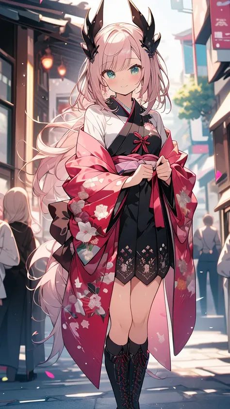 (((Best Quality,Very detailed,masterpiece,Very detailed))),Pink Kimono (Gothicta:1.2),Emerald Eyes,Alone,Around town,Daily Clippings,Full Shot,((Wide Shot)),Lace-up boots