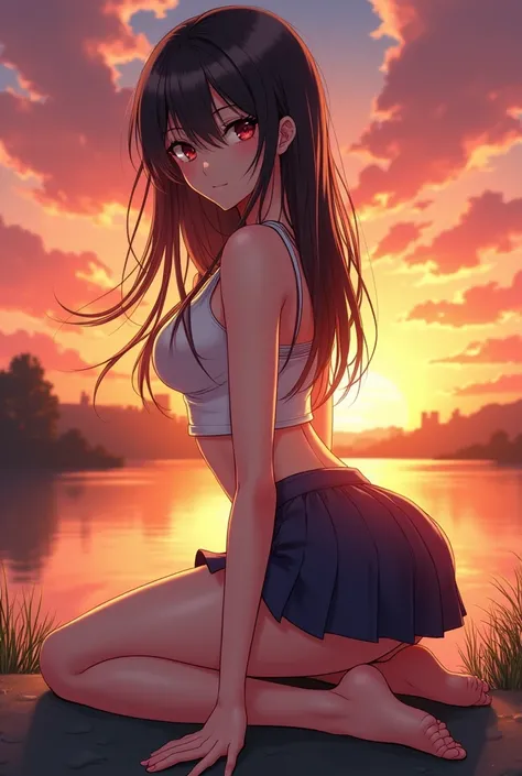 anime girl in short skirt posing on all fours against sunset 