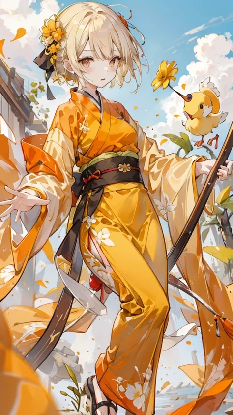 1 girl, duck，Goose yellow short hair，Orange eyes，yellow hanfu