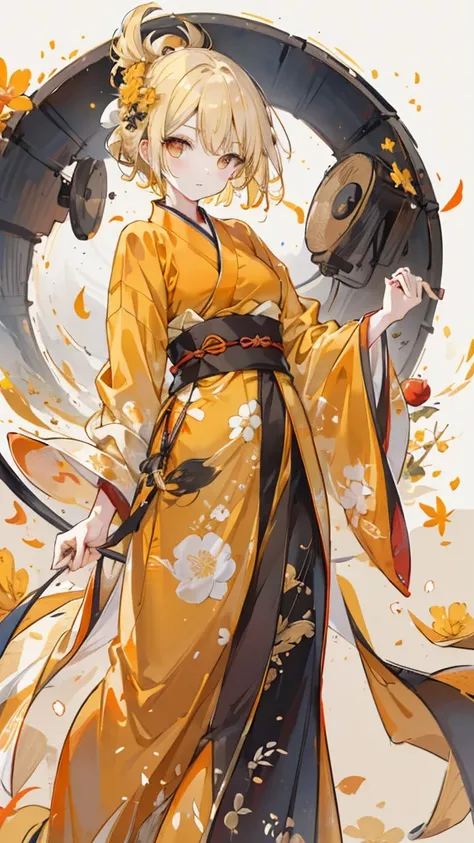 1 girl, duck，Goose yellow short hair，Orange eyes，yellow hanfu