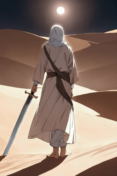 An Arab who is in the desert and his whole face is covered and he has a sword which is a sword at his feet well there is a sword holder there