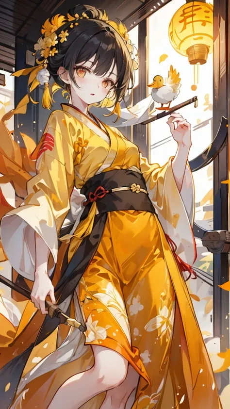 1 girl, duck，Dark yellow short hair，Orange eyes，yellow hanfu