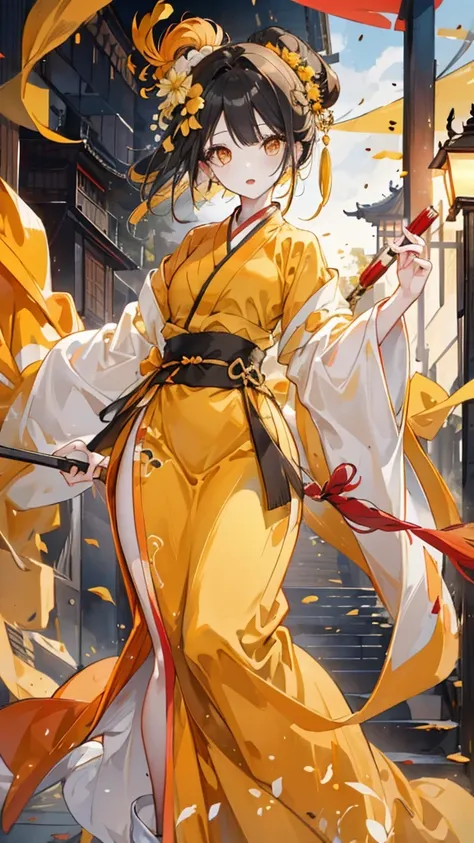 1 girl, duck，Dark yellow short hair，Orange eyes，yellow hanfu