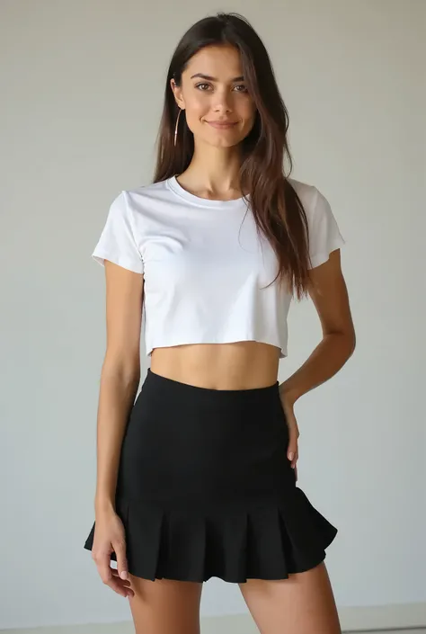 a young woman in a white crop top and black skirt posing for a picture, mini-skirt, black skirt, short black skirt, miniskirt, short skirt, wearing skirt, mini skirt, high-waist-black-skirt, pleated miniskirt, tennis wear, wearing a skirt, pleated skirt, s...