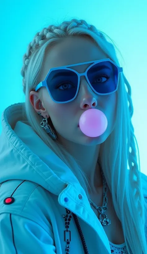 A portrait of a woman with long white hair styled in intricate braids, blowing a pink bubble gum. She is wearing blue-celeste-tinted sunglasses and a hooded jacket in a light blue-celeste color palette, with urban and futuristic patterns on the jacket. The...