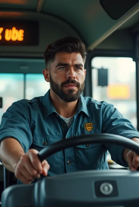 Generate a photo of a  younger handome man tall 189 cm with a dark clean shaven beard,short dark brown hair styled to the side,blue eyes,thick eyebrows,driving a bus with a larger but sturdy build