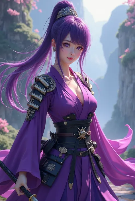 A beautiful anime female samurai warrior in a purple kimono, purple hair ,purple eyes,extremely detailed eyes and face, long eyelashes, katana sword, graceful pose, detailed armor, detailed fabric, detailed background, cinematic lighting, epic fantasy land...