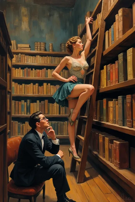 An elegant scene from the early 20th century, reminiscent of Henri de Toulouse-Lautrecs iconic artwork, yet with a playful twist. In the center stands a stunningly beautiful librarian, adorned with a vintage hairstyle that exudes a touch of sophistication....