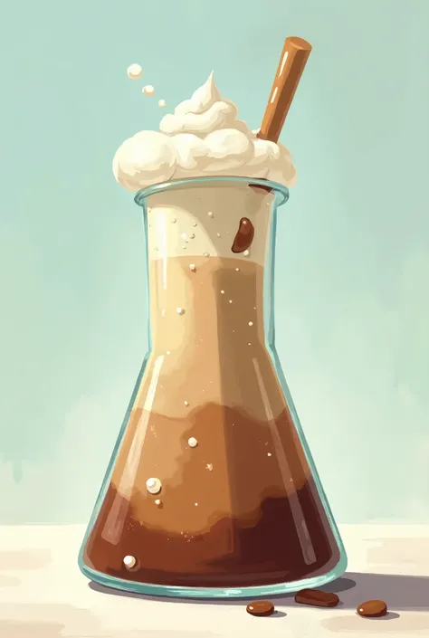 Iced Cafe latte in an Erlenmeyer flask, cartoonify the art style but no cartoon faces, just a cartoonike art style (loose brush strokes, etc)
