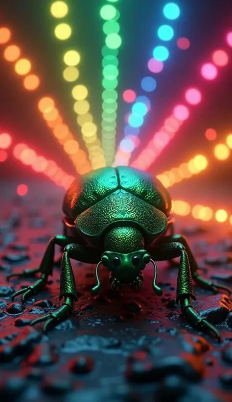 A green beetle surrounded by purple colored lights, rosado, red, orange, yellow, green and blue in chromatic order under a dark background