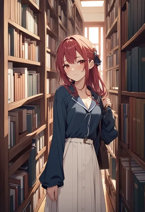 ((masterpiece,Best Quality, Anime Style))One girl, Alone, Bookshelf, Mountain of books, suzuno, indoor, hair ornament, Yuina, Red eyes,  