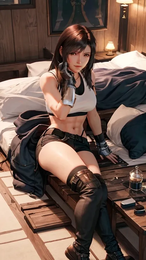 （tmasterpiece）， （best qualtiy）， 8k resolution， ultra - detailed， ultra - detailed， photorealistic， photore， photo-realism， （1girl）， ff Tifa， final fantasy， Tifa Lockhart， sun light， cinematic ligh， cool-pose， brunette color hair， D cups， perfect bodies，Lie...