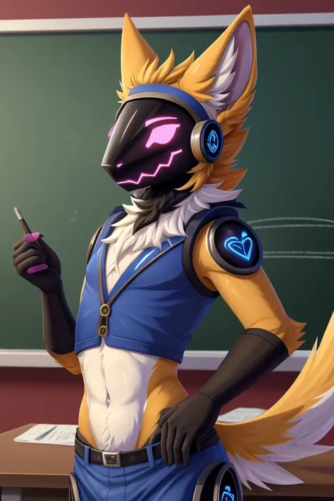 Hi-res, good graphics, great anatomy, anatomically correct, detailed body, Character design. Ace(male, age: 24, protogen(anthro/furry), Biology teacher, twink/femboy). Digital art, anime, cartoonish 