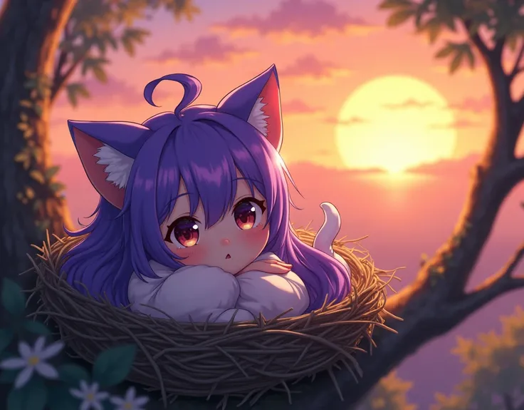 A purple-haired cat girl sitting in a nest in an anime-style sunset