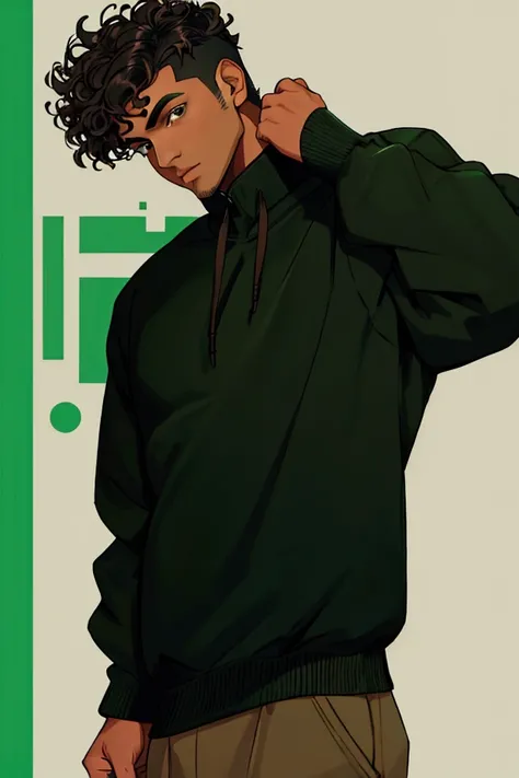 A brown man with short curly hair wearing a green and black sweatshirt