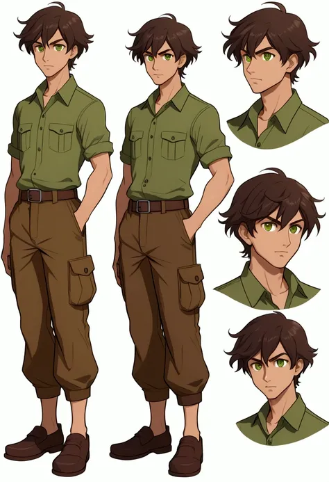  reference sheet: light brown man with olive green eyes, medium length dark brown hair, green shirt, brown cargo pants, calm expression, cartoon anime style
