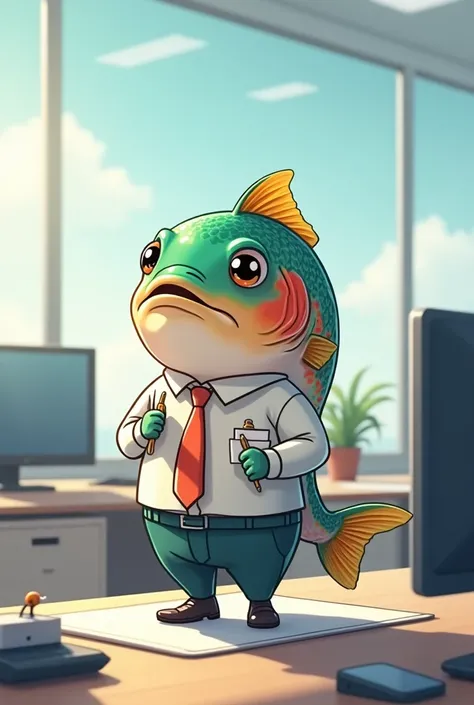 Rainbow trout dressed as an office worker、anime、cute