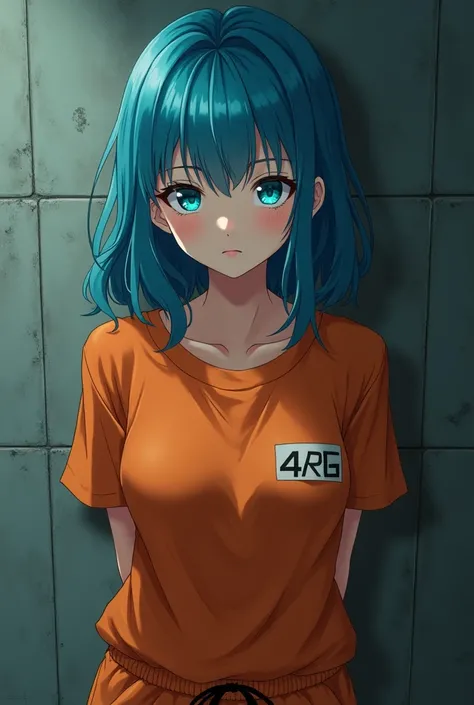 a blue-haired anime girl prisoner,aqua eyes,medium sized breasts, full body,orange t-shirt, orange sport pants, detailed facial features, detailed eyes, detailed lips, looking at camera, dramatic lighting, cinematic angle, photorealistic, 8k, best quality,...