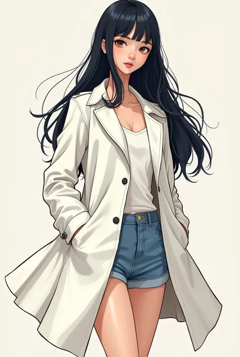 Korean comics, girl ,long black hair,in white trench coat with wide thighs ,facing forward.looking at the viewer 