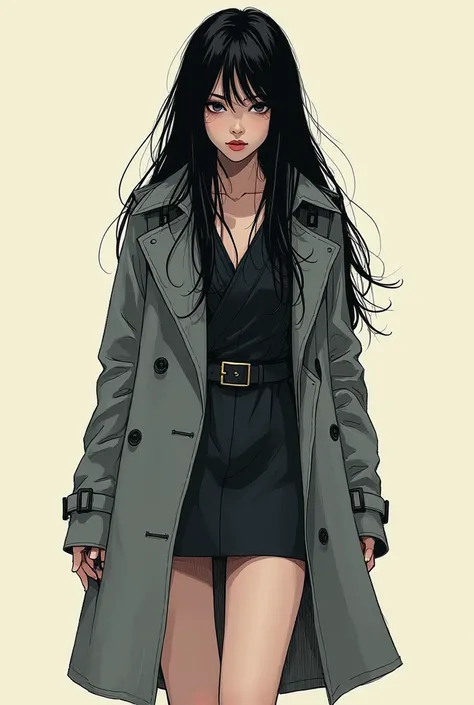  Korean comics, girl long black hair, in grey trench coat with wide thighs and like a sketch.looking at viewer, facing forward.trouser