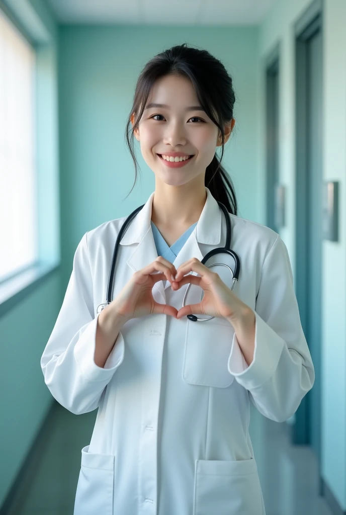 photorealistic, photograph, medium shot, standing, smiling beautiful japanese female doctor making cheek_heart, slim hourglass f...