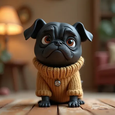 ((Clay Animation))，(masterpiece，：1.1),A black pug wearing a fashionable sweater is facing the camera mischievously，indoor，In the room，