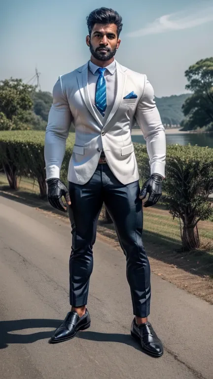 Full body view, perfect A handsome indian mascular daddy hunk standing with motor bike on road weared hand gloves, formal suit, formal pointed shoes, socks, hd, hdr, D750F nikon camera photography, sharpness, detailed picture, masterpiece 